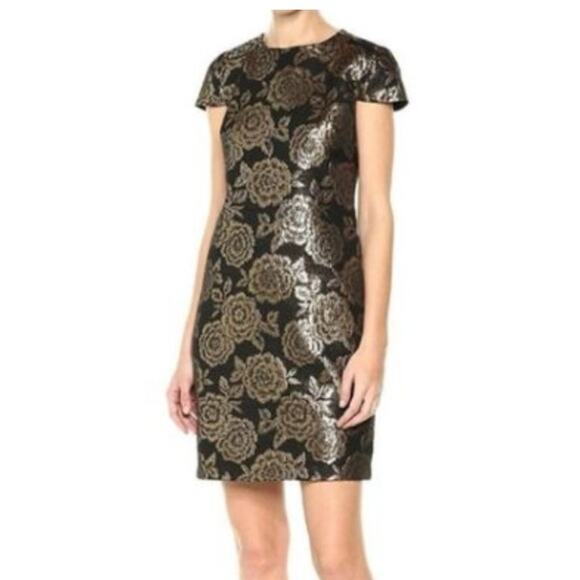 Sam Edelman Black Gold Floral Brocade Cap Sleeve Sheath Dress Size 6 - Picture 2 of 11
